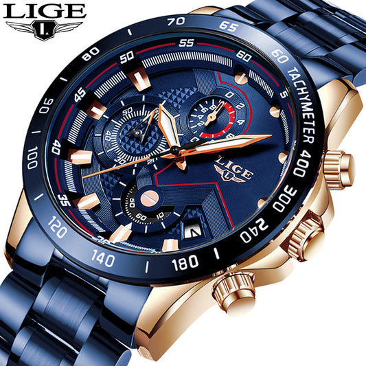 Lige Men's Business Quartz Watch Three Eyes Six Needles Multifunctional Waterproof Watch