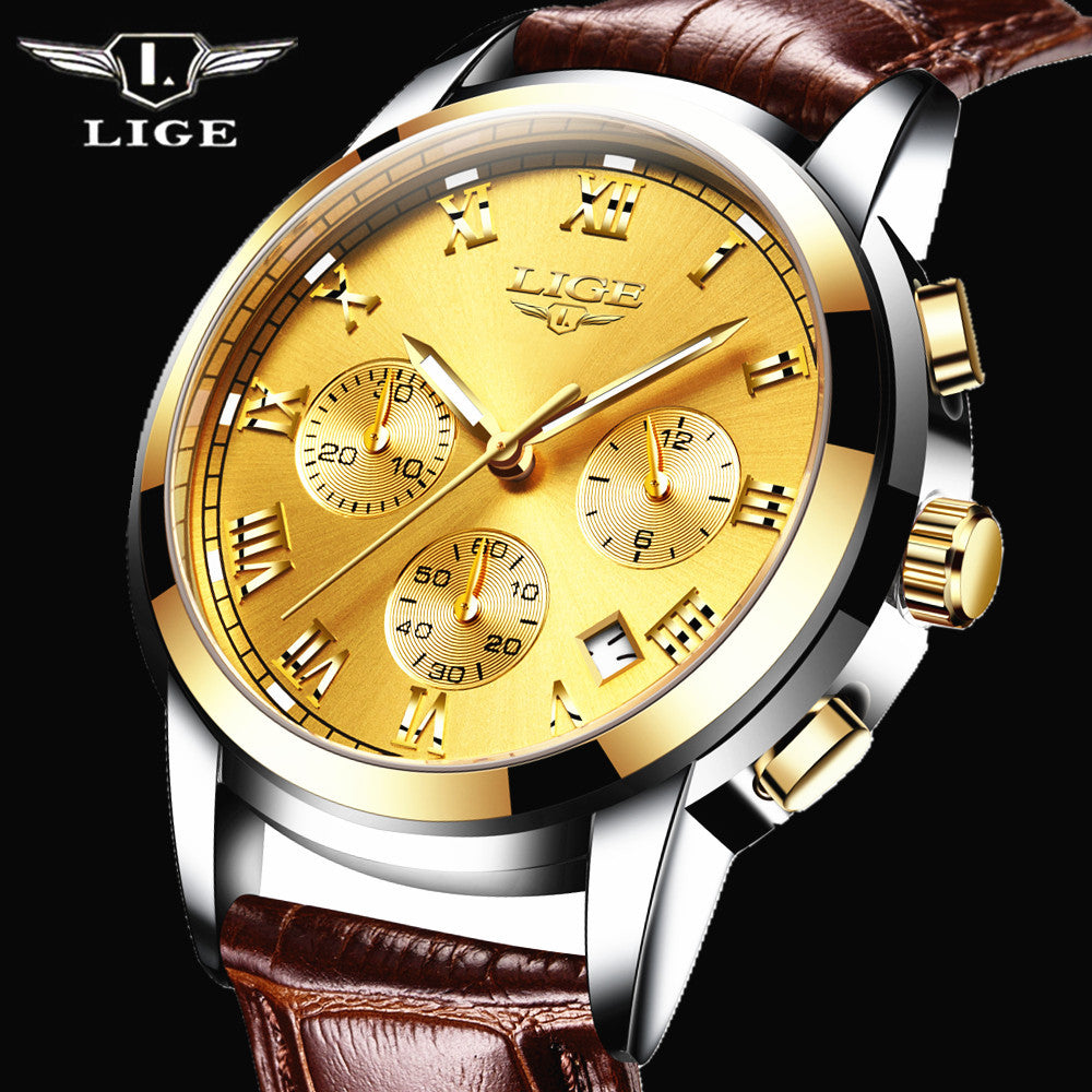 Lige Casual Fashion Trend Business Waterproof Belt Watch Men's Multi-Function Luminous Watch