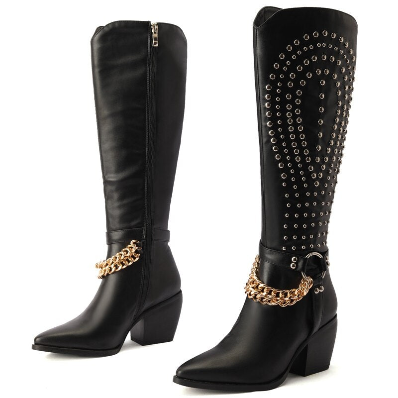 Show Chain Pointy Toe Thick Heel Side Zipper Paris Show Synchronized Boots Metal Rivet Motorcycle Boots