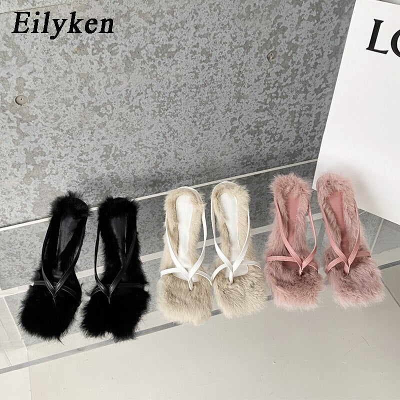 New Design Faux Fur Slipper High Heels Shoes Fall Best Street Females Square Head Toe Clip-On Sandals Women