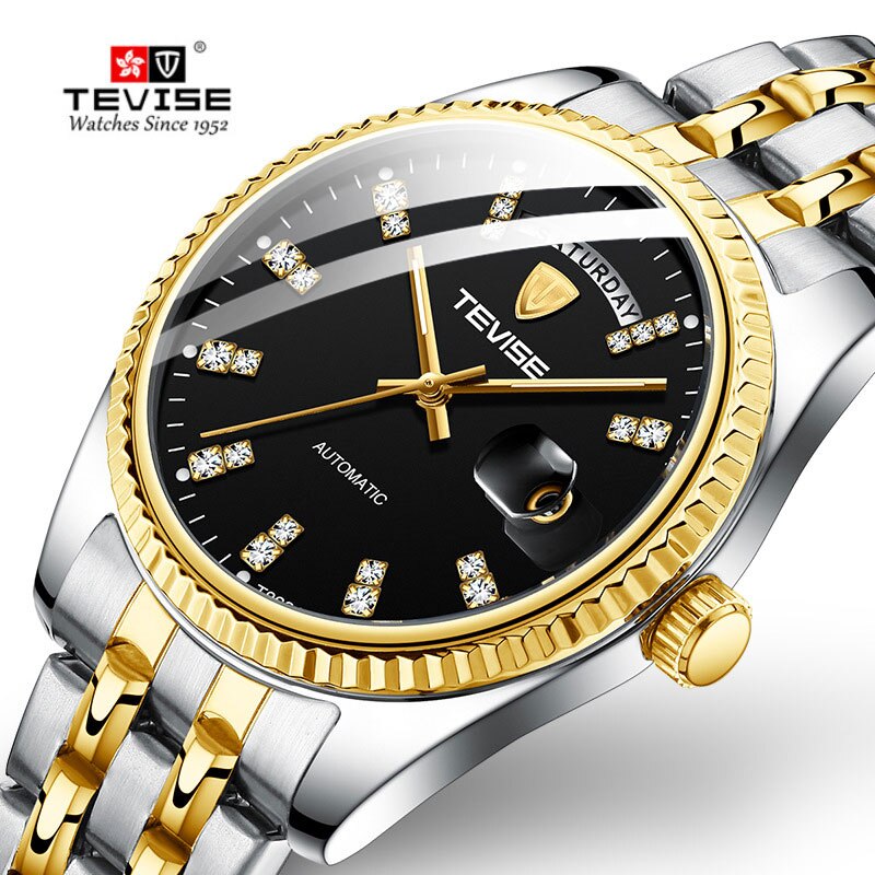 Tevise Men Luxury Golden Automatic Mechanical Watch Men Stainless steel Date Business Wristwatch Relogio Masculino