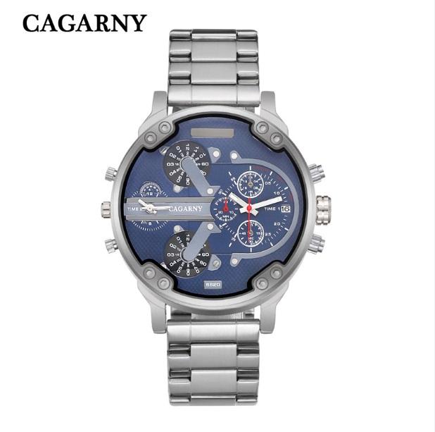 Cagarny Men Quartz Watch Casual Stainless Steel Watchband Dual Time Zones Wristwatches