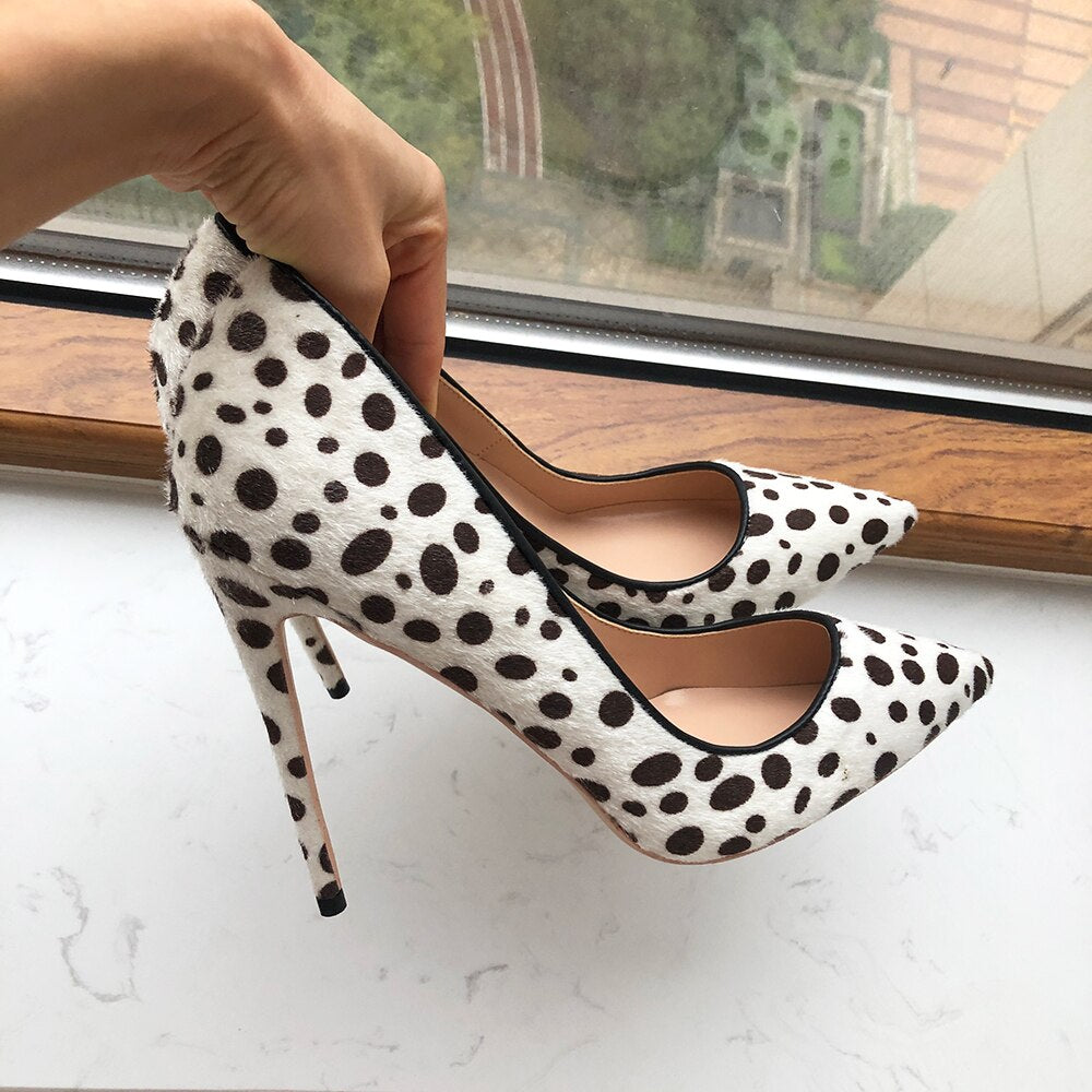 Tikicup Polka Dot Print Women Flock Pointy Toe High Heel Shoes Sexy Spotted Patten Stiletto Pumps White Large Size 43 44 45