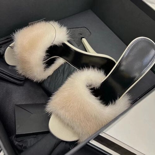 New slim heel open-toe sandals women's mink hair sexy fashion one-half hair high-heeled sandals