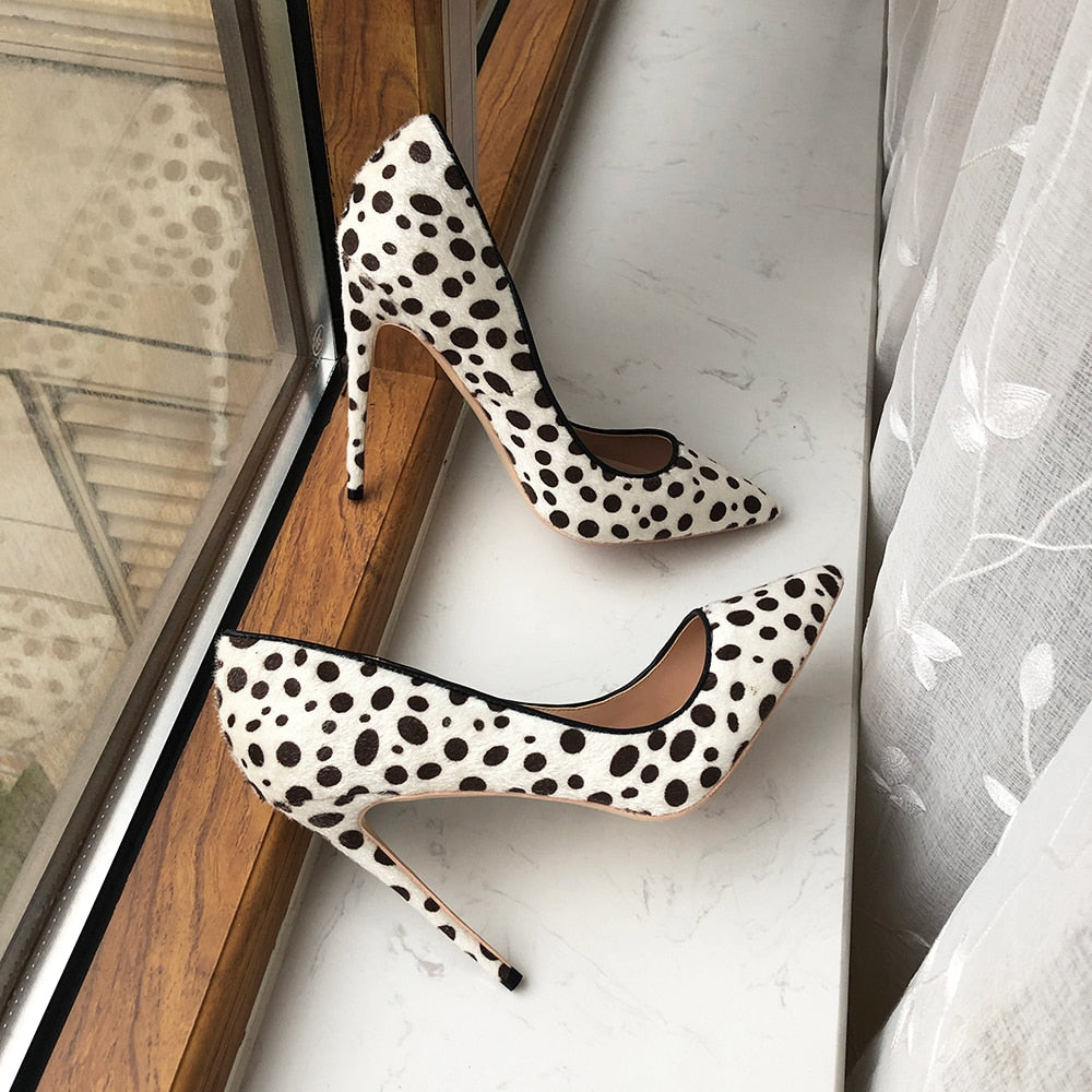 Tikicup Polka Dot Print Women Flock Pointy Toe High Heel Shoes Sexy Spotted Patten Stiletto Pumps White Large Size 43 44 45