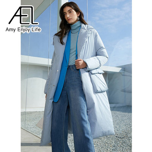 Autumn And Winter Solid Color Thickened Long Lapel Street Shot Down Jacket Women