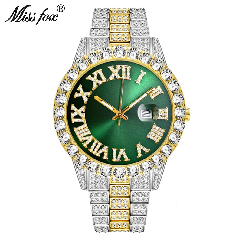 MISSFOX  2643Re Men's Watches Modern Diamond Waterproof Red Watch Men Top Brand Luxury 18k Gold Man Watch Analog Quartz Watch Men