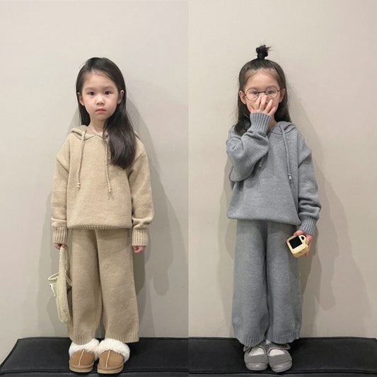 Small And Medium-Sized Children's Korean Children's Sweater Suit Winter Boys And Girls' Thick Hooded Knitting Two-Piece Set