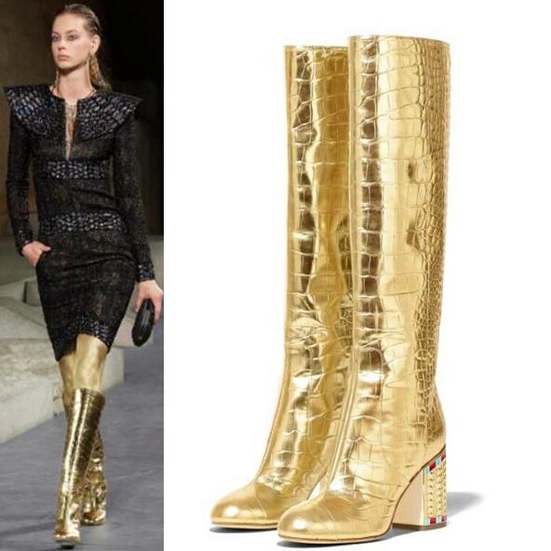 Womens Pointy Toe Crocodile Pattern Golden Bling Rhinstones Knee High Thigh Boots Block Heel Real Leather Shoes