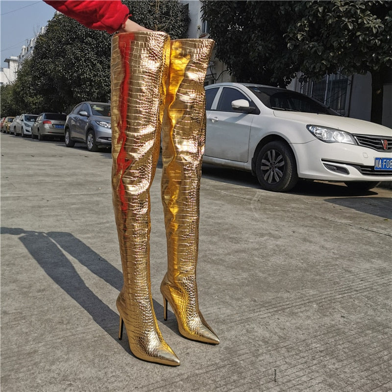 Women's Thigh High Boots Golden Fashion High Heel Demonia Boots Pointed Stiletto Crocodile Print New Sexy Female Shoe