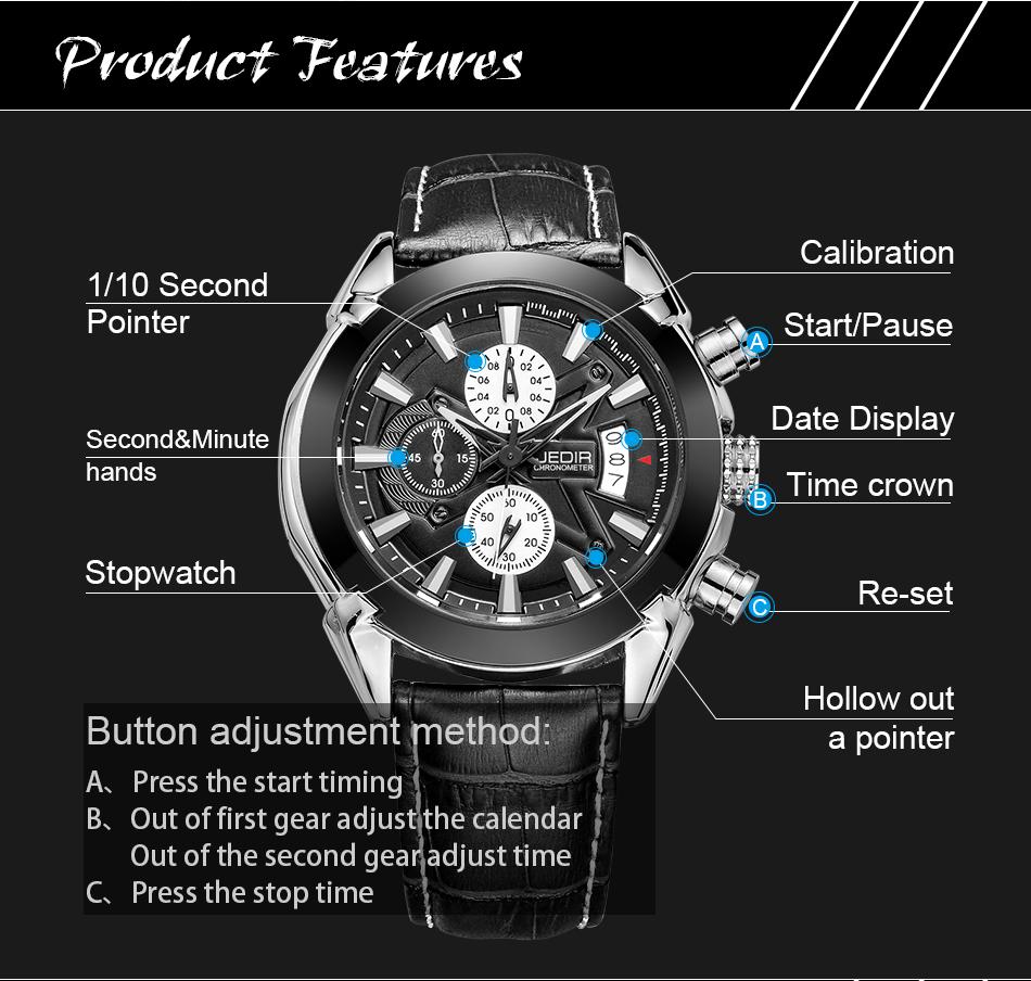 JEDIR Chronograph Military Watches Men Casual Sports Leather Strap Watch