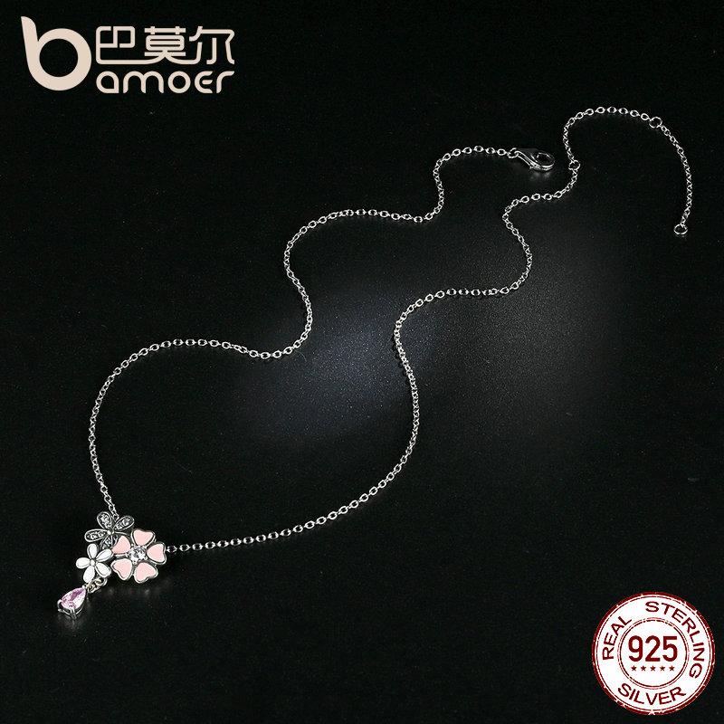 BAMOER 925 Sterling Silver Pink Heart Blossom Cherry Flower 45CM Pendants Necklaces SCN046