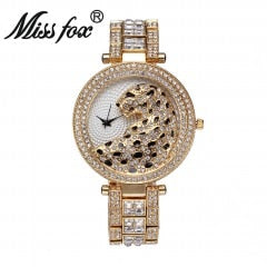 MISSFOX V227  Women Quartz Watch Fashion Bling Casual Ladies Watch Female Quartz Gold Watch Crystal Diamond Leopard For Women Clock