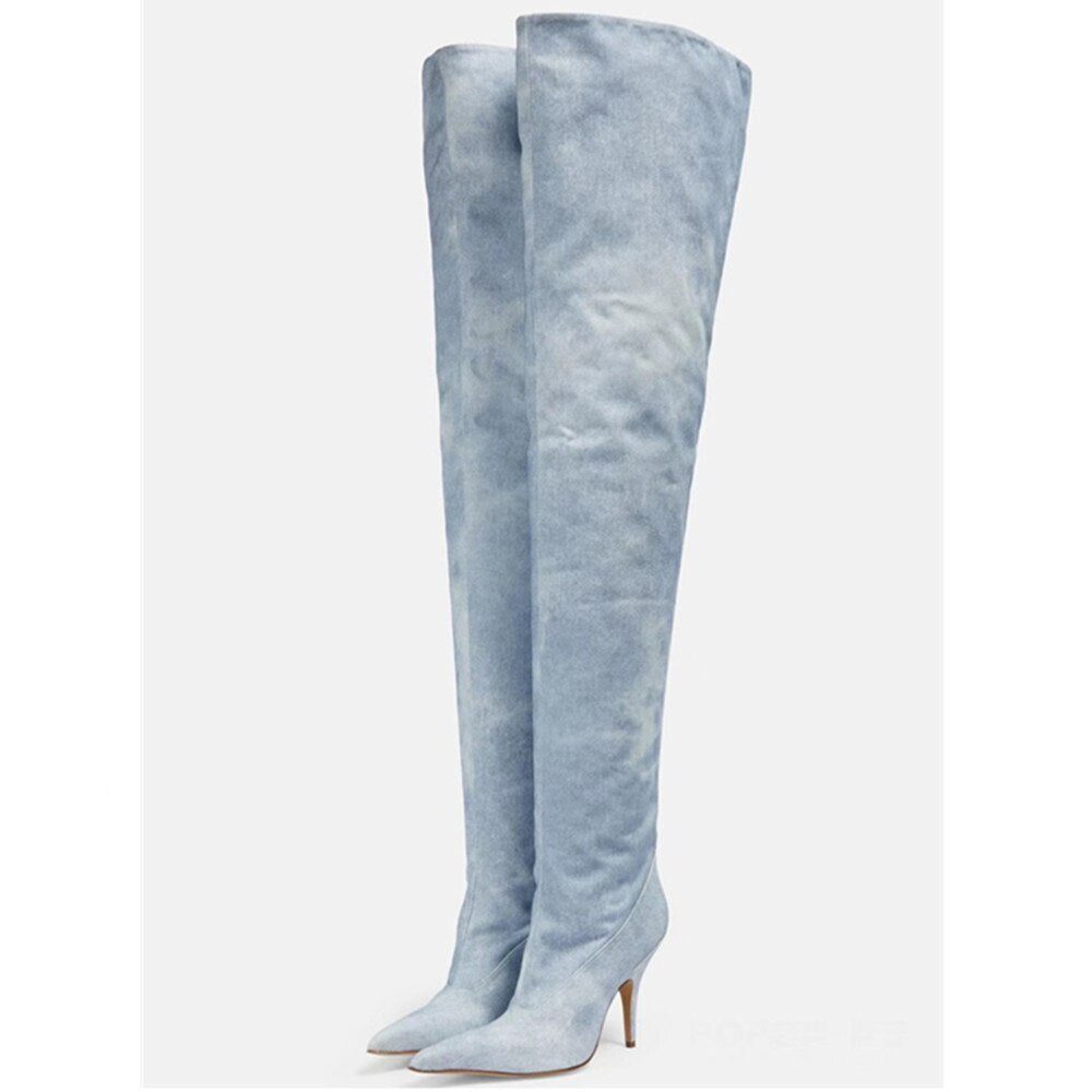 Processing Time:7-15 days after placing orders European and American Brand Catwalk Boots Women's Summer Fashion Sexy Thin High Heel Elastic Denim Knee Sleeve Boots