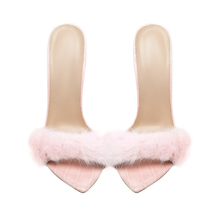 Popular Mink Capillary High Heel Platform Heel Slippers in Europe and America