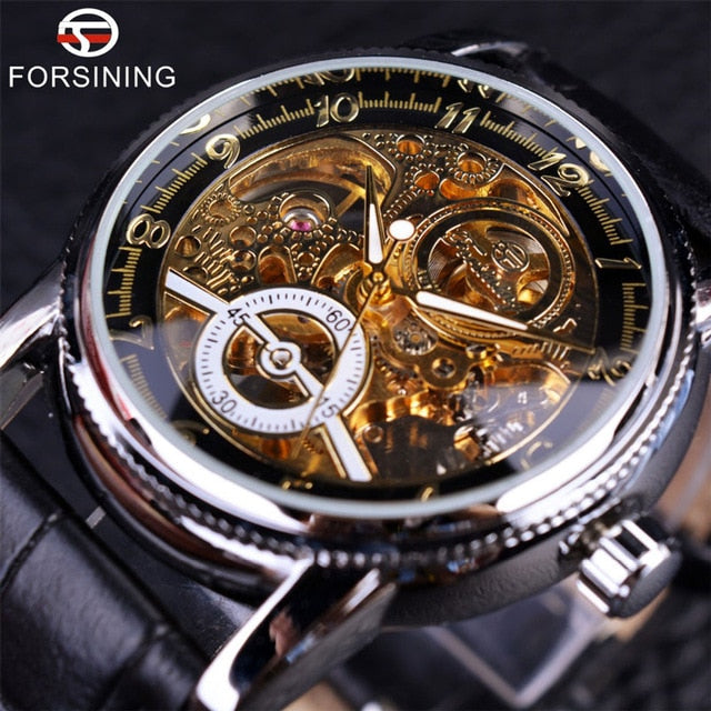 Forsining Hollow Engraving Skeleton Casual Designer Black Golden Case Gear Bezel Watches Men Luxury Brand Automatic Watches