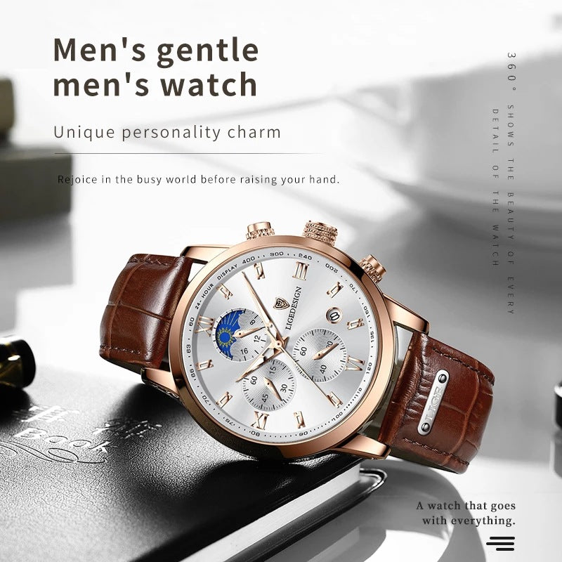 Lige Men's Quartz Watch Multifunction Chronograph Moon Phase Quartz Movement Waterproof Watch