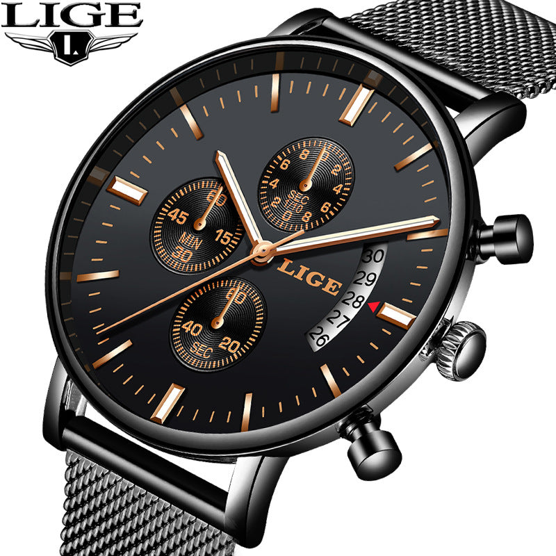 LIGE Fashion Mesh Strap Waterproof Men's Watch