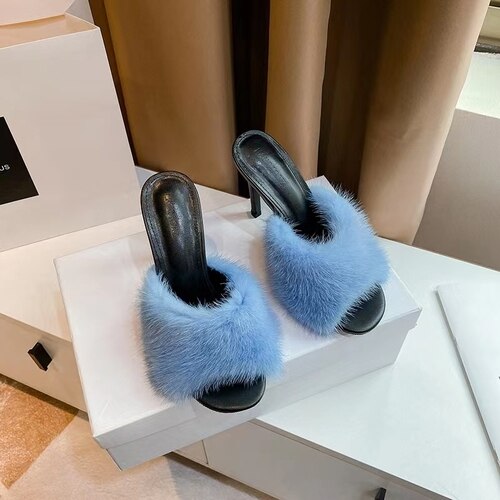 New slim heel open-toe sandals women's mink hair sexy fashion one-half hair high-heeled sandals