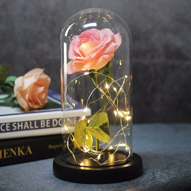 Beauty And Beast Rose In Flask Led Rose Flower Light Black Base Glass Dome Best For Mother's Day Valentines Day Gift