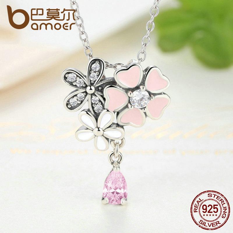 BAMOER 925 Sterling Silver Pink Heart Blossom Cherry Flower 45CM Pendants Necklaces SCN046