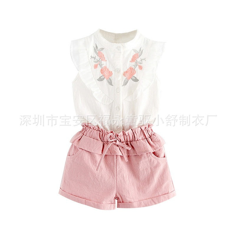 INS Children's Clothing Girls Embroidered Flowers Ruffled Lace Sleeveless Shirt Two-Color Shorts Set