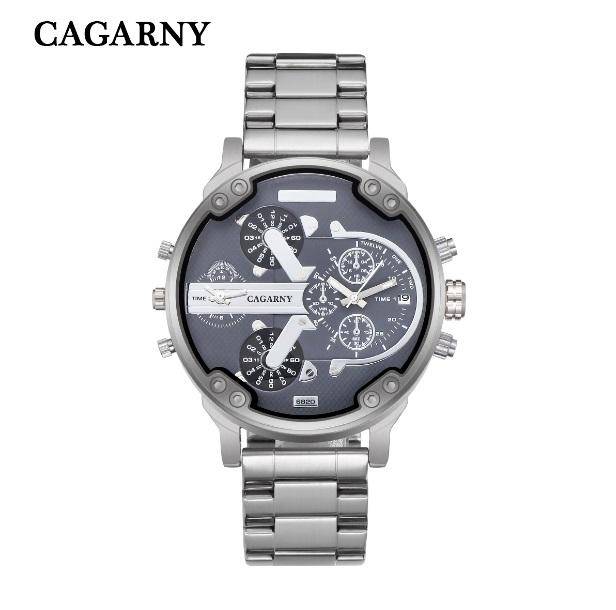 Cagarny Men Quartz Watch Casual Stainless Steel Watchband Dual Time Zones Wristwatches