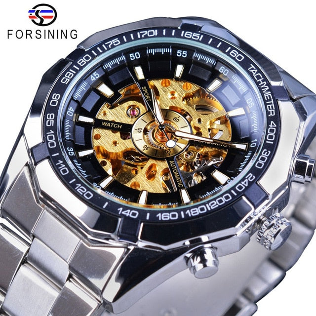 Silver Stainless Steel Waterproof Mens Skeleton Watches Top Brand Luxury Transparent Mechanical Male Wrist Watch