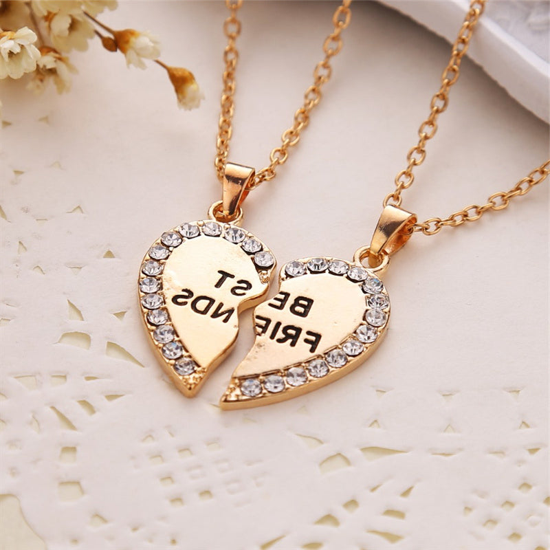 2 Pcs BFF Necklace Women Crystal Heart Pendant Best Friend Letter Necklace