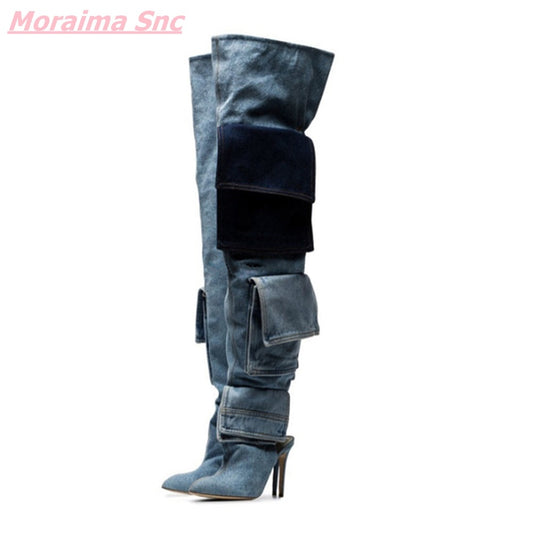 Patchwork Denim Women's Boots Slip-On Pointed Toe Over-the-Knee Fashion Turned-over Edge Cool  Modern Boots