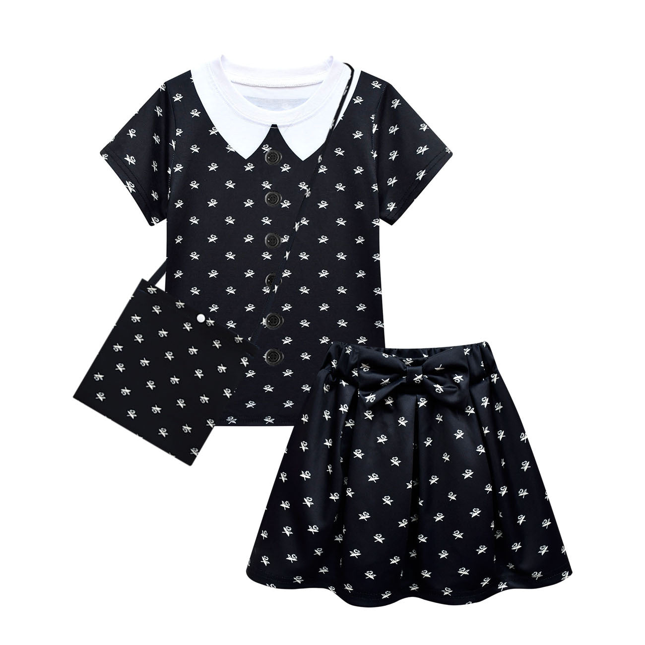 New Childrens Suit Dress Adams Family Girls  Short Sleeved Short Skirt Bag Three  Piece Set