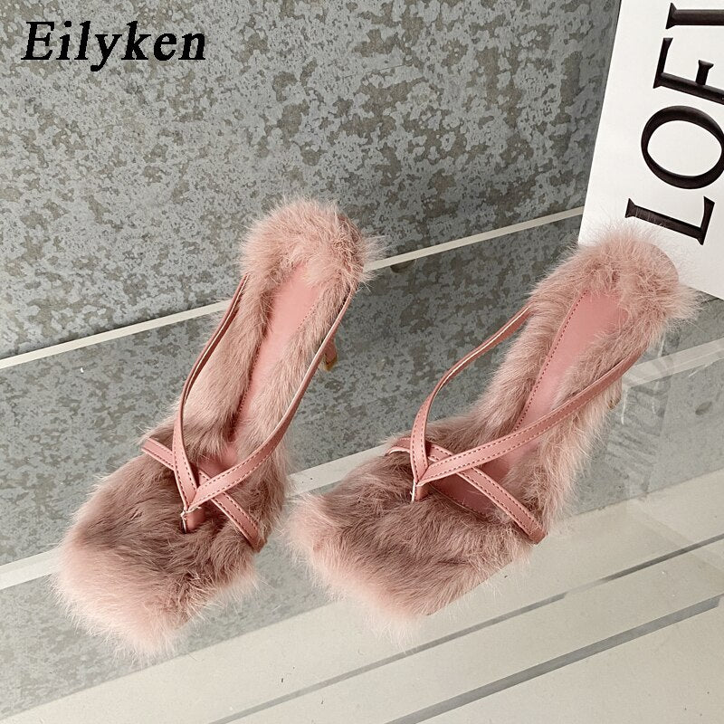 New Design Faux Fur Slipper High Heels Shoes Fall Best Street Females Square Head Toe Clip-On Sandals Women