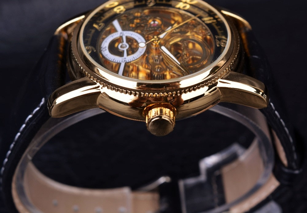 Forsining Hollow Engraving Skeleton Casual Designer Black Golden Case Gear Bezel Watches Men Luxury Brand Automatic Watches