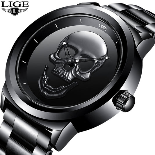 LIGE Simple Skull Stereoscopic Watch