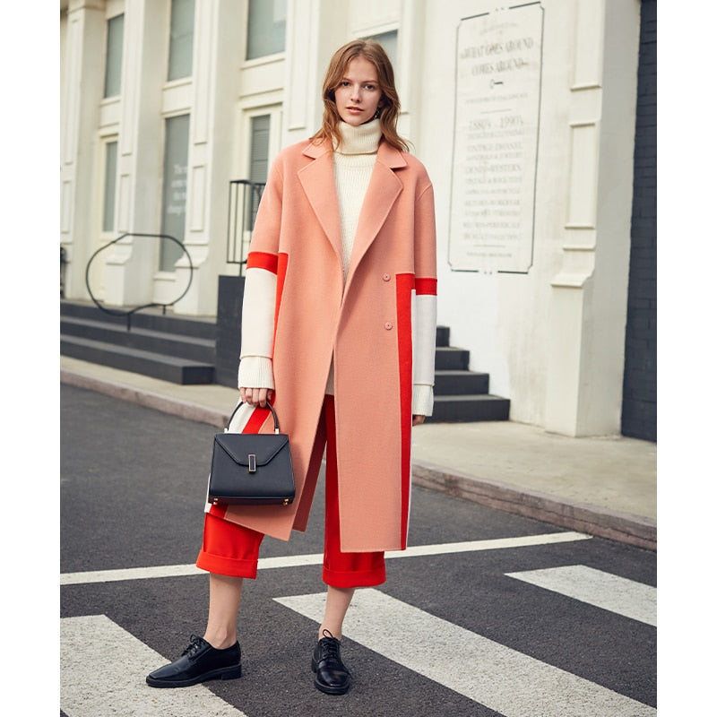 Show High Stitching Collision Color Niche Design Sense Double-Sided Wool Long Coat Female Winter