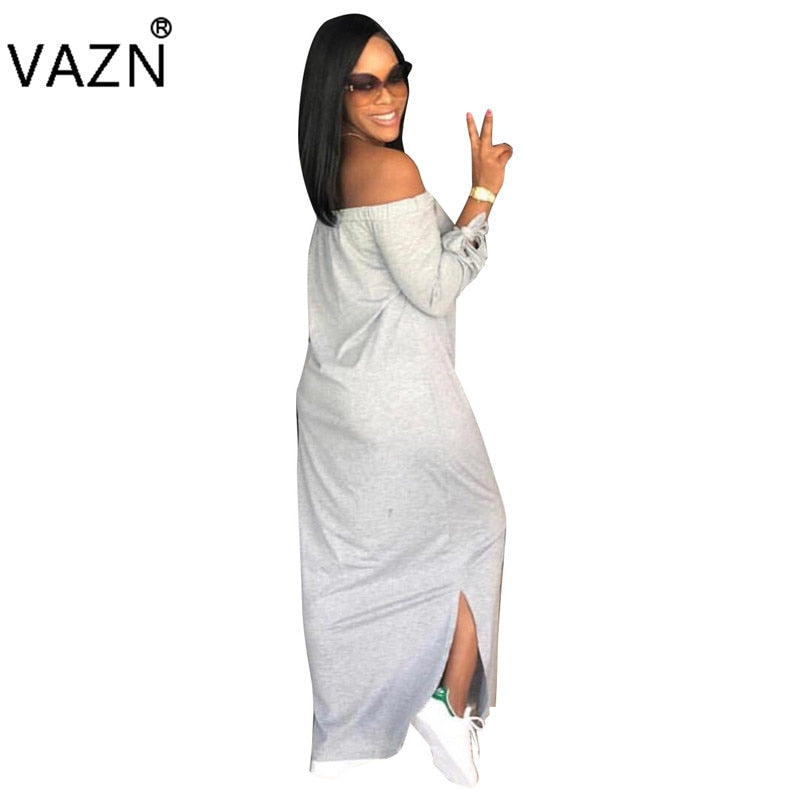 Autumn Special Style Arrive Best Quality Women Maxi Dress Letter Slash Neck Full Sleeve Loose Hollow Out Dress