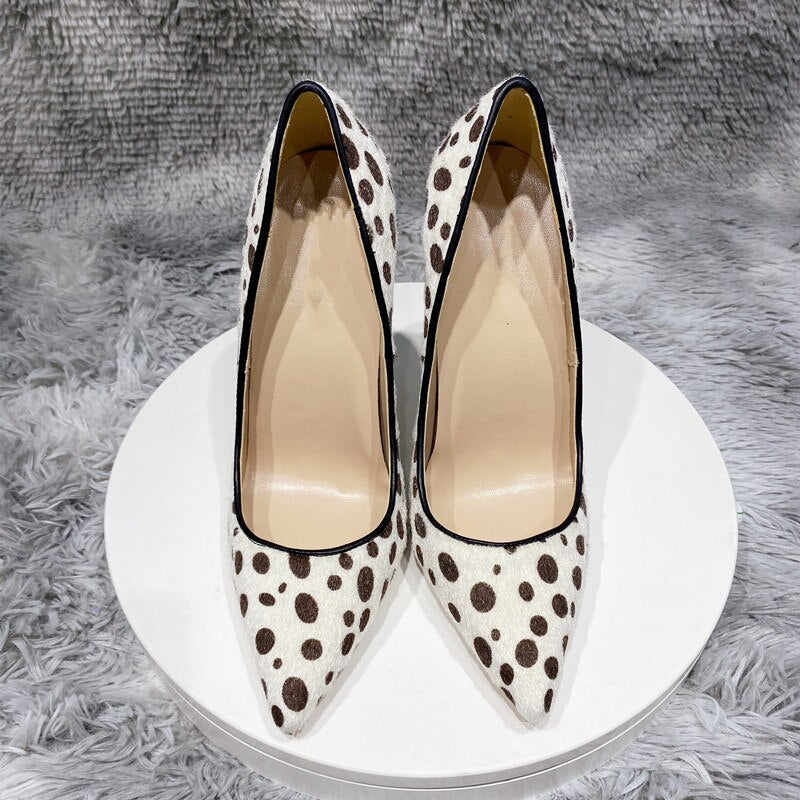 Tikicup Polka Dot Print Women Flock Pointy Toe High Heel Shoes Sexy Spotted Patten Stiletto Pumps White Large Size 43 44 45