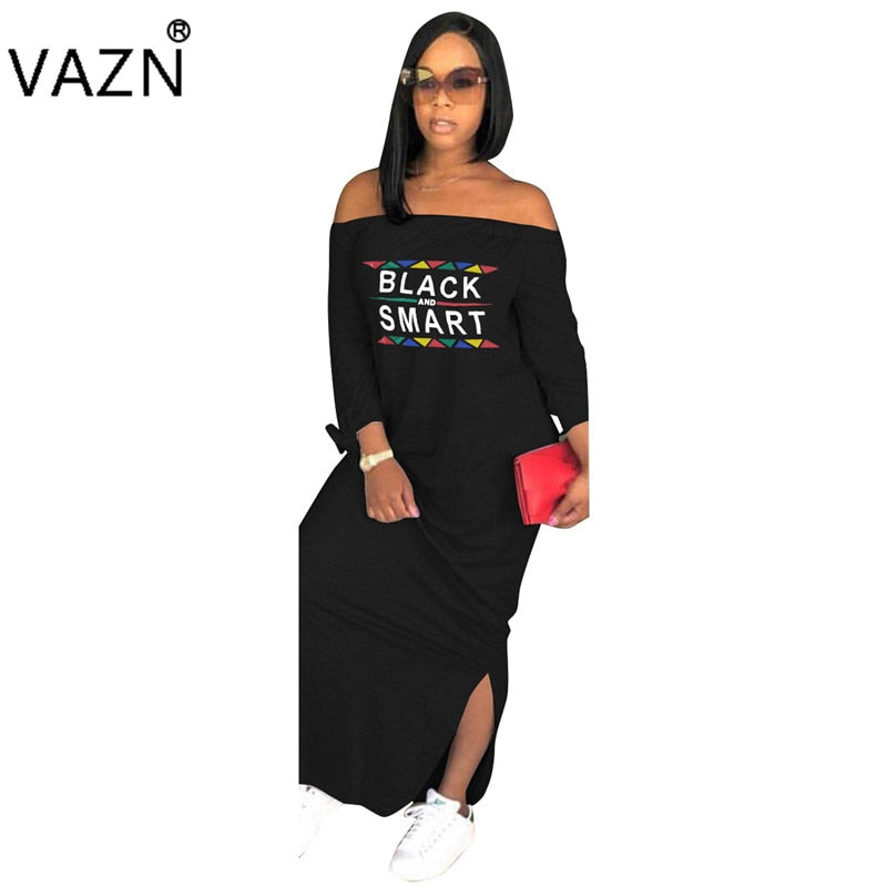 Autumn Special Style Arrive Best Quality Women Maxi Dress Letter Slash Neck Full Sleeve Loose Hollow Out Dress