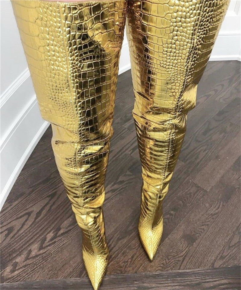 Women's Thigh High Boots Golden Fashion High Heel Demonia Boots Pointed Stiletto Crocodile Print New Sexy Female Shoe