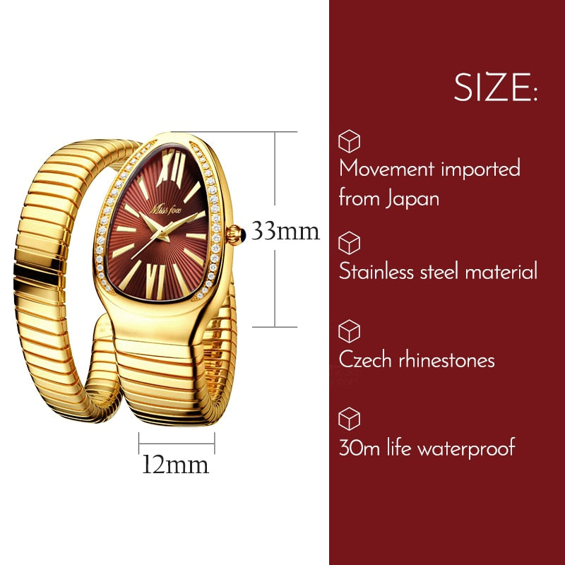 MISSFOX 1221 Women's Watches Snake Shape Luxury Wrist Watch For Women Steel Unique Gold Quartz Ladies Watch Clock Relogio Feminino