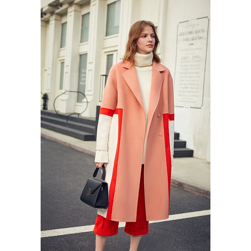 Show High Stitching Collision Color Niche Design Sense Double-Sided Wool Long Coat Female Winter