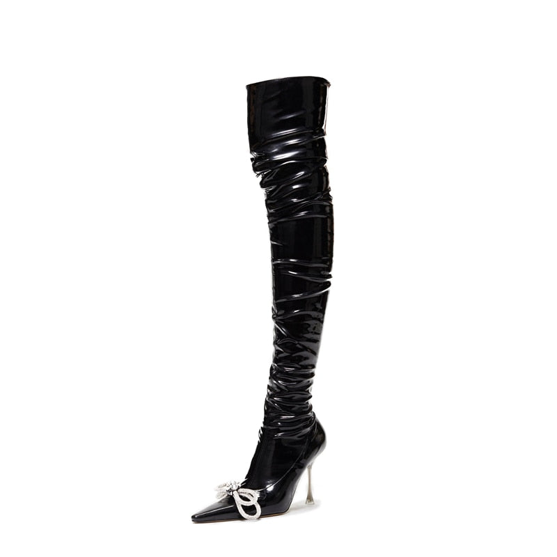 Ladies Rhinestone Knot Pointed Toe Over Knee Boots New Fall Super High Heel and Thigh Boots Side Zipper Sexy Boots