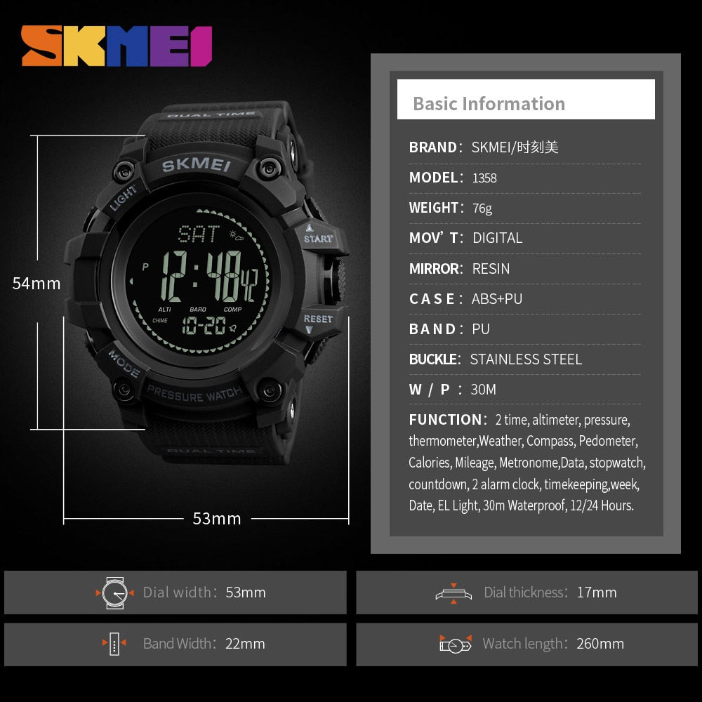 SKMEI 1358  Outdoor Watches Mens Pressure Compass Sport Digital Wristwatches Altimeter Weather Tracker Waterproof reloj hombre