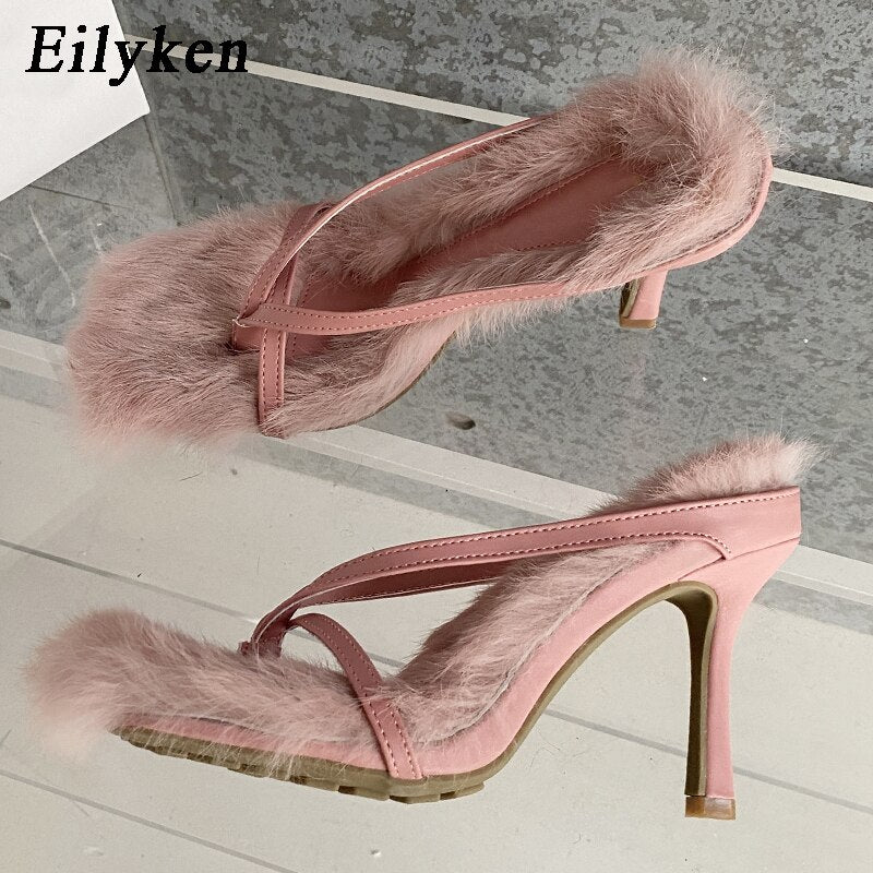 New Design Faux Fur Slipper High Heels Shoes Fall Best Street Females Square Head Toe Clip-On Sandals Women