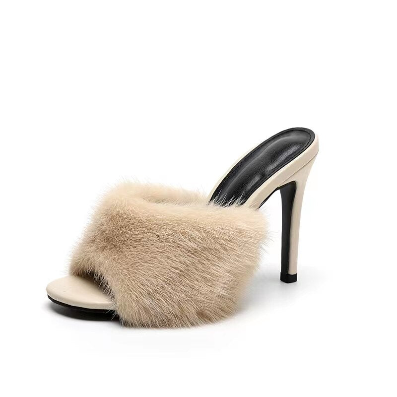 New slim heel open-toe sandals women's mink hair sexy fashion one-half hair high-heeled sandals