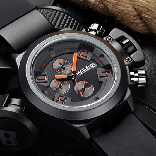 MEGIR Men's Casual Quartz Watch 3D Engraved Dial Black Silicone watches men Waterproof Military Sport Watch