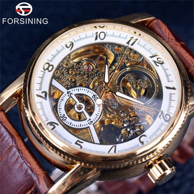 Forsining Hollow Engraving Skeleton Casual Designer Black Golden Case Gear Bezel Watches Men Luxury Brand Automatic Watches