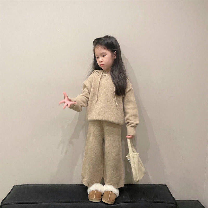 Small And Medium-Sized Children's Korean Children's Sweater Suit Winter Boys And Girls' Thick Hooded Knitting Two-Piece Set