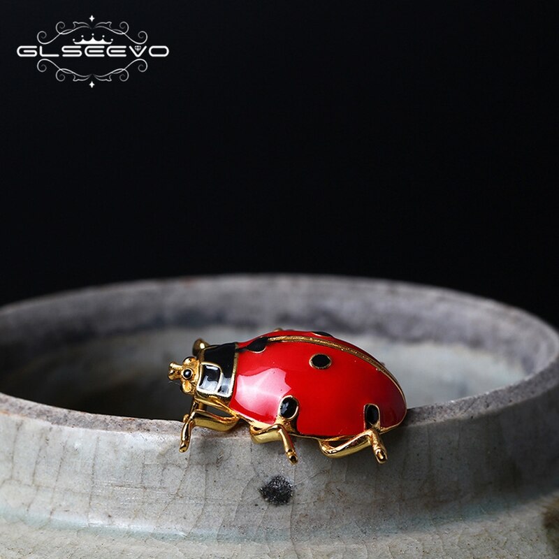 GLSEEVO 925 Sterling Silver Ladybug Brooch For Women Girls Daughter Gifts Cute Insectos Brooches Badge Handmade Jewellery