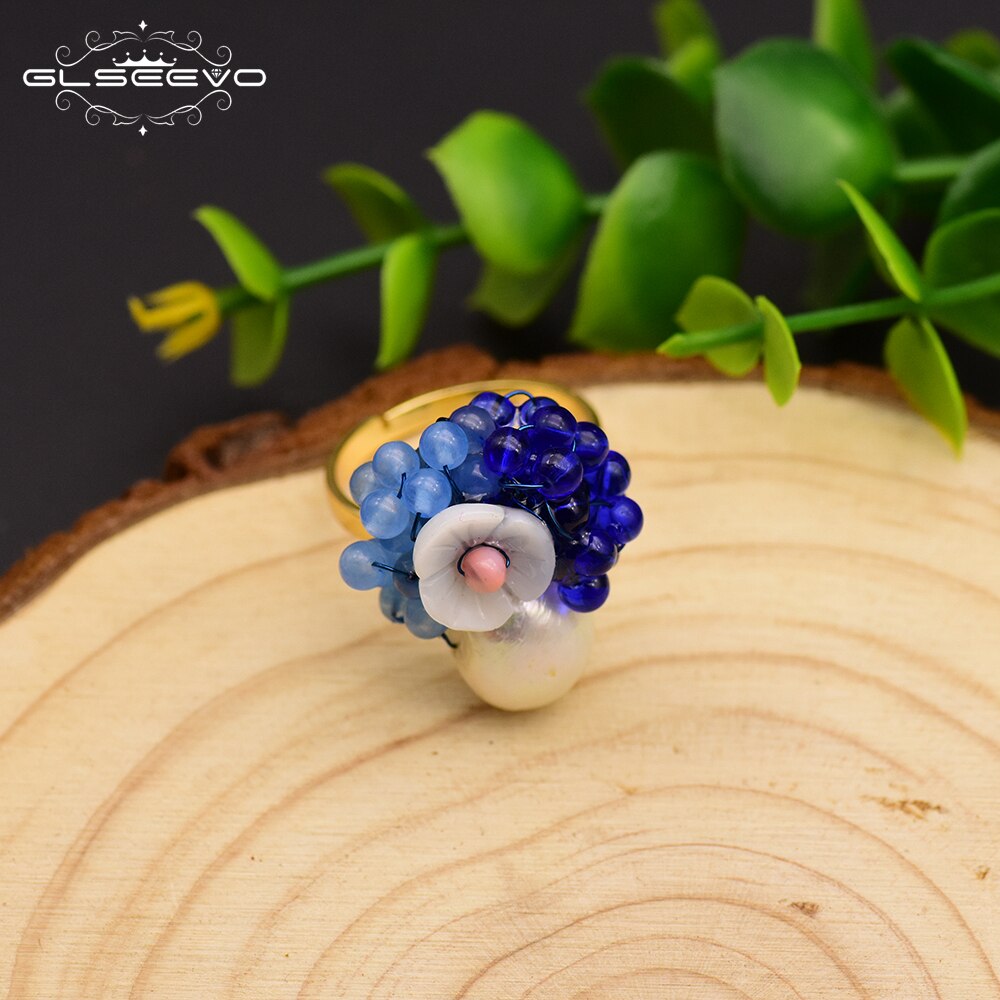 GLSEEVO 925 Sterling Silver Natural Pearl Blue Stone Shell Flower Ring For Women Wedding Gift Handmade Ring Fine Jewelry GR0230B